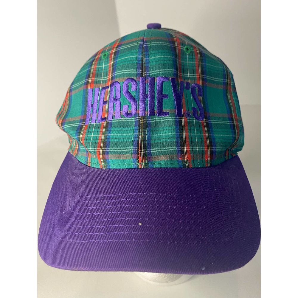 VTG HERSHEY'S CHOCOLATE CANDY LOGO GREEN PLAID ADJUSTABLE SNAPBACK BASEBALL HAT